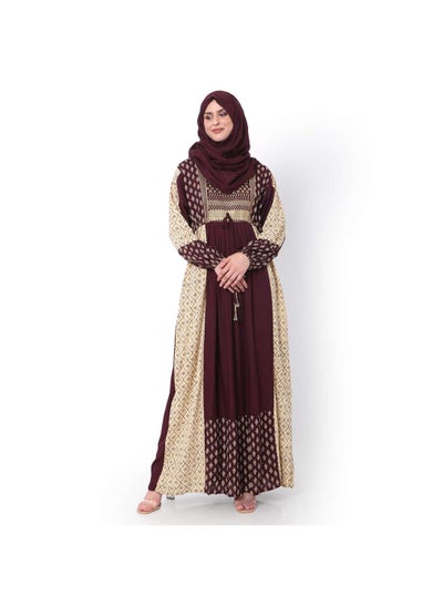 Buy EMBROIDERED WITH PRINTED AND FRONT TIE LONG SLEEVES CASUAL ARABIC KAFTAN JALABIYA DRESS in Saudi Arabia