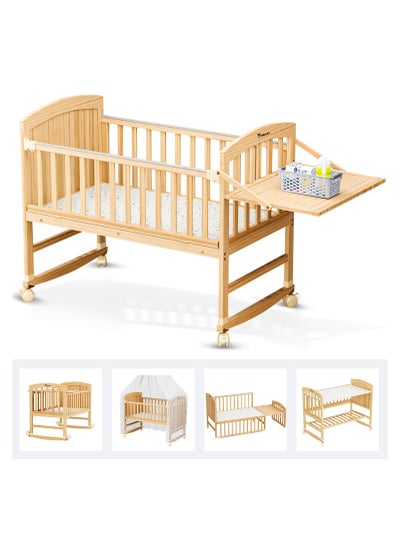 Buy TEKNUM 7in1 Convertible Kids Bed and Bedside Crib with Mattress, Mosquito net and Detachable Wheels(0 - 12yrs) - Natural Wood in UAE