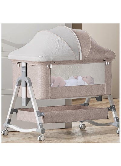 Buy Baby Bassinet, Adjustable Bedside Crib for 0-24 Months Newborn Baby, Rocking Bassinets Bedside Sleeper with With Mattress, Storage Basket & Mosquito Net, Khaki in Saudi Arabia