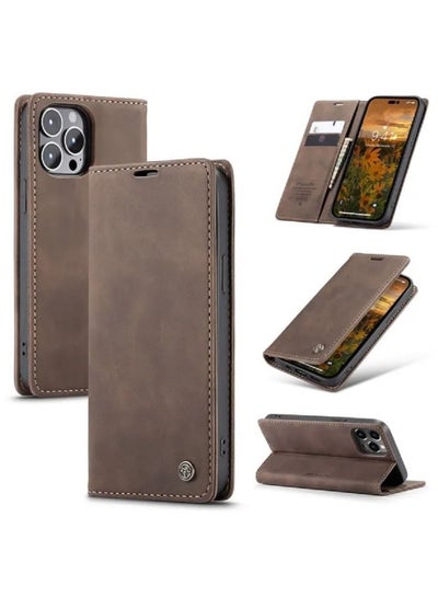 اشتري CaseMe iPhone 14 Pro Max Wallet Case, PU Leather Book Folding Flip Folio Case with Card Holders Kickstand Magnetic Closure Protective Cover (Coffee) في الامارات
