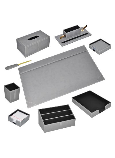 Buy 9-Piece FIS Executive Desk Set Italian PU, Grey Colour - FSDS172GY in UAE