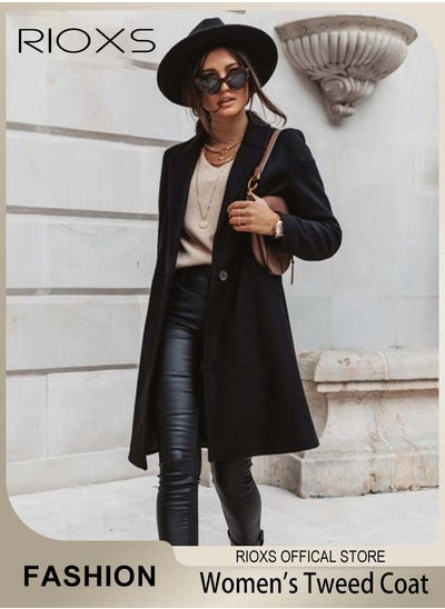 Buy Women's Notch Lapel Double Breasted Wool Blend Mid Long Coat, Stylish Warm Tweed Coat with One Button and 2 Pockets, Winter Midi Long Pea Coat, Good for Business or Casual Style in UAE