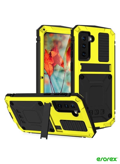 اشتري Compatible with Samsung Galaxy S21 Ultra 6.8 Metal Silicone case, Built-in Screen Protector&Stand,Waterproof, dustproof and Drop-Proof,Heavy Duty Rugged Military Cover(S21 Ultra 6.8, Yellow) في السعودية