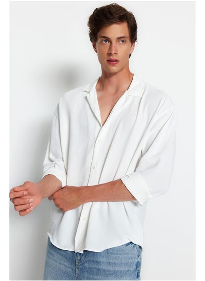 Buy White Men's Oversize Fit Apache Collar Summer Linen Look Shirt in Egypt