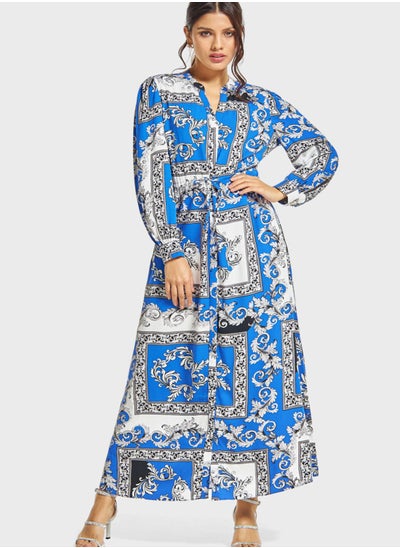 Buy Printed Puff Sleeve Tie Detail Dress in Saudi Arabia