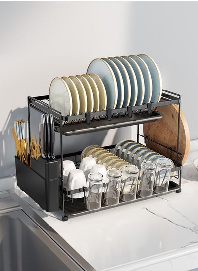 Buy Dish Drying Stand With Drainer 2 Tiers Large Kitchen Dish Rack with Removable Cutting Board Holder Utensil Holder and Cup Holder in Saudi Arabia