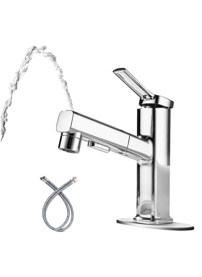 اشتري Bathroom Sink Faucet with Pull Down Sprayer, Single Handle Fountain Faucet for Bathroom Modern One Hole Bathroom Faucet with Included Hoses (Chrome) في الامارات