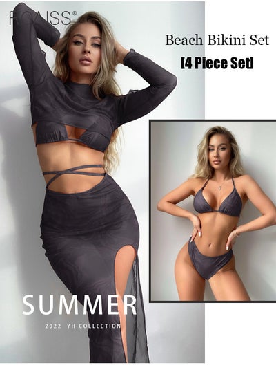 Buy 4 Piece Tankini Swimsuit Women'S Beach Vacation Adjustable Bikini Set And Patterned Pullover Side Slit Skirt Sun Protective Cover Up in UAE