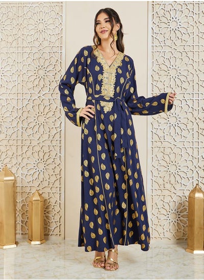 Buy Foil Print Embroidered Neck Jalabiya with Self Tie Up in Saudi Arabia