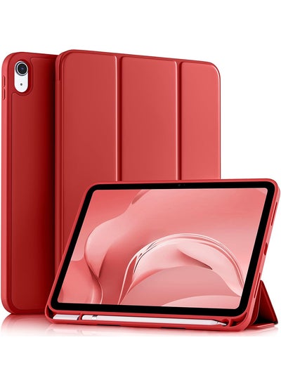 اشتري Compatible with iPad 10th Generation Case 10.9 Inch 2022 with Pencil Holder, Slim Trifold Stand Protective Cover with Soft TPU Back for iPad Case 10th Generation, Auto Sleep/Wake Red في الامارات