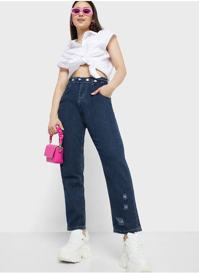 Buy Lace-Up High-Waisted Jeans in UAE