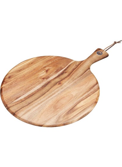 Buy Acacia Wood Round Serving Paddle, 41X33Cm, Faux Leather Tied Tag in UAE