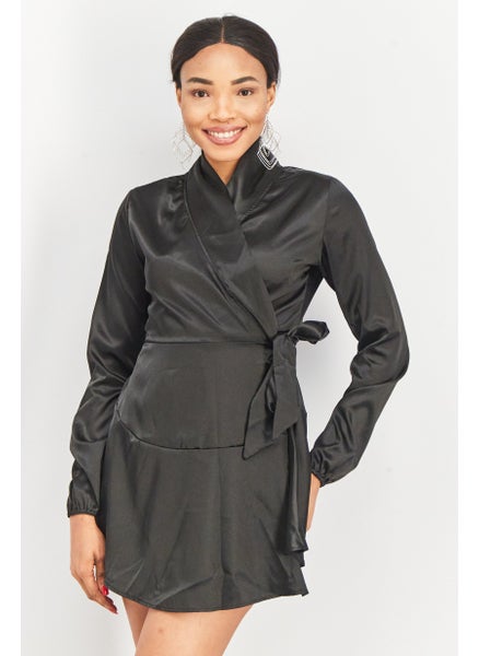 اشتري Women Satin Wrap Dress, Black في الامارات