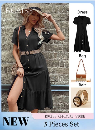 Buy Button Layered Ruffle Hem Shirt Dress for Women with Belt and Shoulder Bag Ladies Fashionable Temperament Lapel Dresses Women's Mid-Length Solid Color Exquisite Skirt in UAE