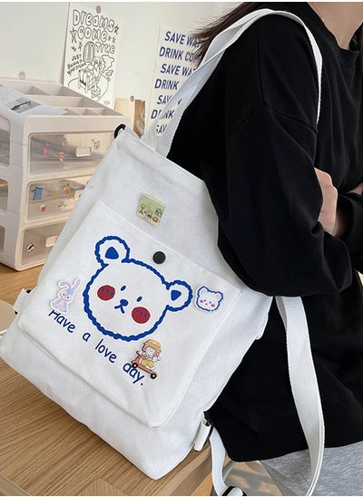 اشتري Lovely Bear Printed Canvas Bag Large Capacity Casual Student Backpack Multifunction Tote Bag with Cartoon Pendant White في الامارات