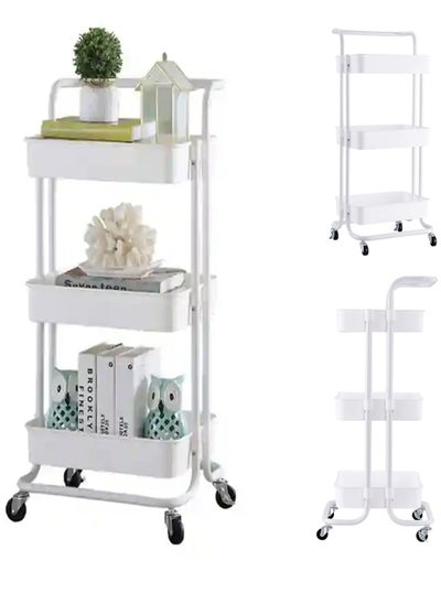 Buy 3-Tier Rolling Utility Storage Stand Movable Rolling Cart Large Capacity Storage Holder Craft Cart Multipurpose Organizer Shelf With Handles And Lockable Wheels for Kitchen,Bathroom,Living Room(White) in UAE