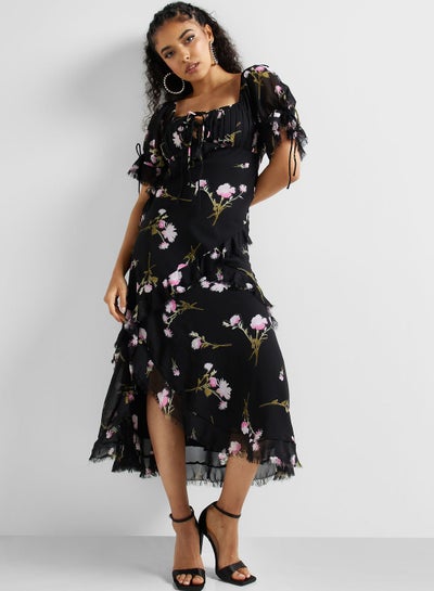 Buy Printed Lace Detail Ruffle Dress in Saudi Arabia