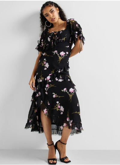 Buy Printed Lace Detail Ruffle Dress in Saudi Arabia