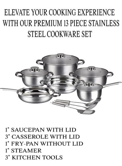 Buy 13 Piece Insiya premium stainless steel cookware set with high quality durability non stick interior versatile kitchen tools and easy to clean stainless steel cookware set in UAE