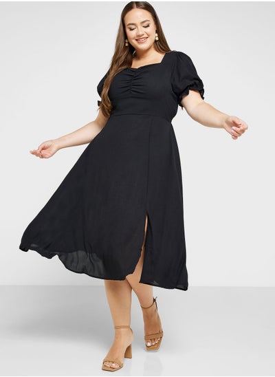 Buy Puff Sleeve Slit Detail Fit & Flare Dress in Saudi Arabia