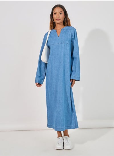 Buy Denim Shift Midi Dress with Notch Neck in Saudi Arabia