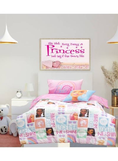 Buy Kidz Klub Barbie Doll Shine Comforter Twin 3pcs Set - Fabric 160TC Cotton Digital Print Panel - Size: 1pc comforter 160 x 230 cm + 1pc pillow case 50 x 75 cm + 1pc cushion cover 40 x 40 cm in UAE