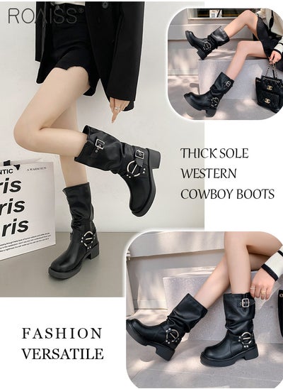 اشتري Fashionable Versatile Thick Sole Boots Women'S Daily Commuting Western Denim Calf Boots Metal Decoration Waterproof Boots في الامارات