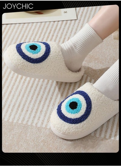 Buy New Style Evil Eyes Pattern Comfortable Home Indoor Slippers  Autumn and Winter Warm  Non-slip  Thick-soled Soft Bedroom Cotton Slippers for Couples Men Women White+Blue in Saudi Arabia