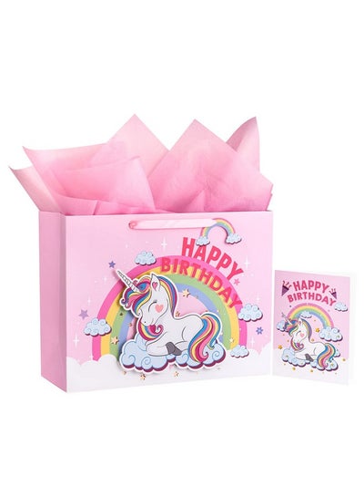 Buy 16" Extra Large Birthday Gift Bag With Card And Tissue Paper Fantacy Unicorn Happy Birthday in UAE