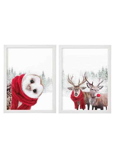 اشتري Set of 2, Owl and Deer Winter Wall Art Poster with Frame 30x40cm في الامارات