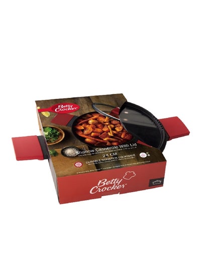 Buy Durable Non-Stick Shallow Casserole with Glass Lid Black and Red 24 cm BC2048 in Saudi Arabia