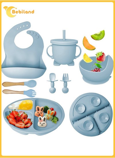 Buy 8-Piece Durable Baby Feeding Set, Dishwasher Safe BPA Free Led Weaning Supplies for Toddlers with SIlicone Bib, Sippy Cup, Forks, Spoons, Suction Bowl and Plate, Blue in Saudi Arabia