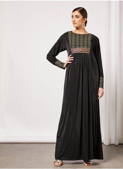 Buy Jersey Abaya With Contrasting Panel And Front Embroidery in Saudi Arabia