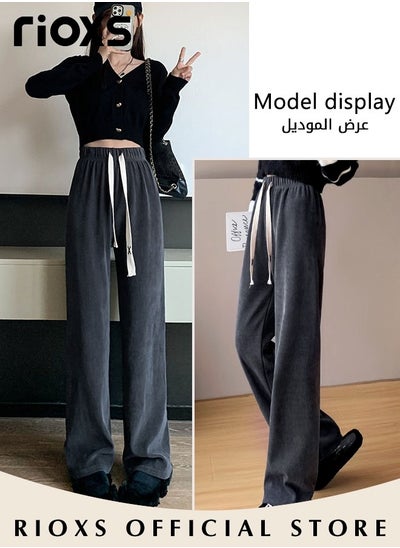 Buy Women's Vintage Drawstrings Wide Leg Corduroy Pants Casual High Waisted Straight Leg Trouser for Fall in UAE