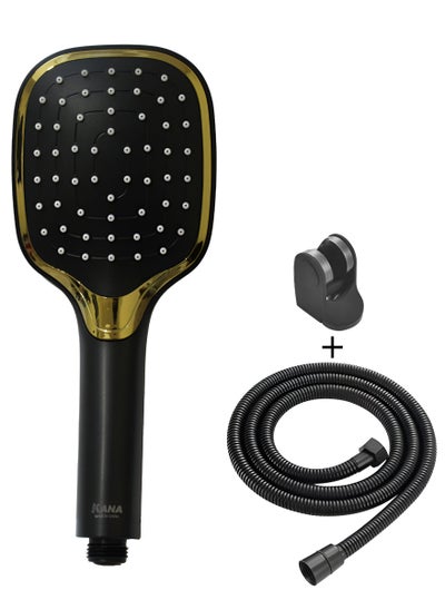 Buy KANA Ultimate Spa Experience with High-Pressure Black with Golden, Handheld Shower Head with 1.5 meter with 3 Spray Modes, flexible Hose pipe Filtered Ionic Sprinkler head massage shower with Adjustable Wall Hook, Powerful Square Shower Head to Increase Water Pressure. in Saudi Arabia