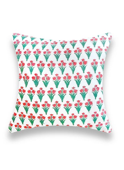 Buy Premium Non-Allergenic Hand Block Printed Quilted Organic Cotton Cushion Cover 40 Cm X 40 Cm Red And Green in UAE