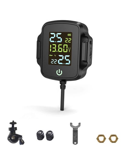 Buy Wireless Motorcycle Tire Pressure Monitoring System, with Voltage Monitoring and USB Charging, TPMS with 2 External Sensors Digital LCD Display, IP67 Waterproof Real-Time Monitoring Tire Pressure in UAE