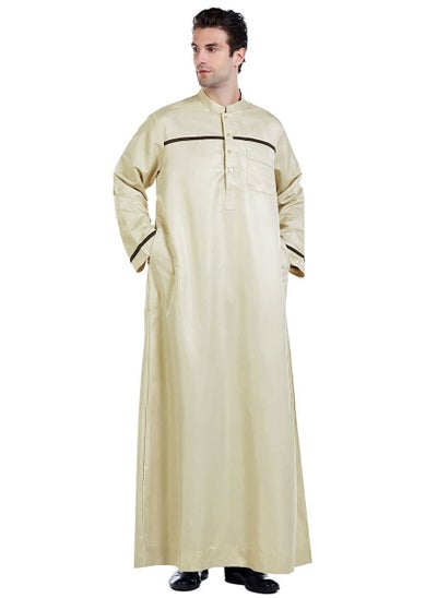 Buy Mens Stand Collar Concise Style Long Sleeve Abaya Robe Islamic Arabic Casual Kaftan Beige in UAE