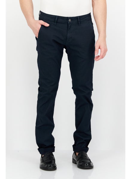 Buy Men Slim Fit Solid Tapered Pants, Navy Blue in UAE