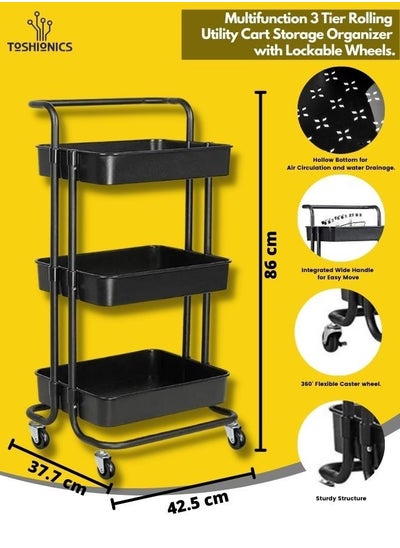 Buy 3-Tier Rolling Utility Carts Trolley Storage Cart with Handle Multifunctional Organization Cart with Brake Caster Wheels Kitchen Shelf Multifunctional Storage Rack in UAE