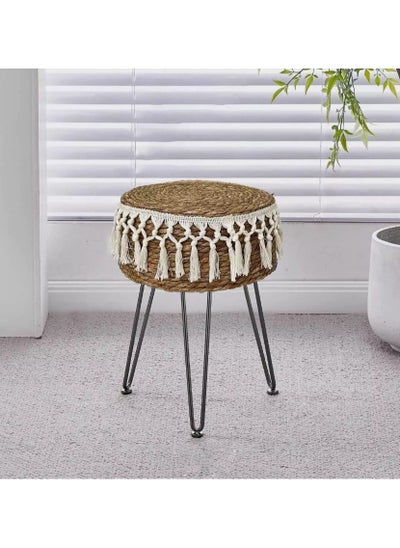 Buy Handcrafted Woven Stool with Tassel Details Boho Style Round Ottoman Sturdy Metal Legs Perfect for Living Room Bedroom or Patio 32x45x32cm in UAE