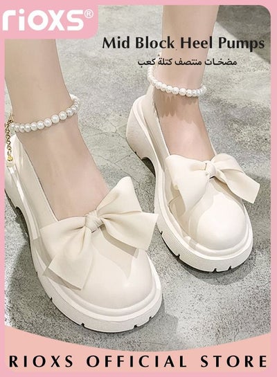 Buy Women's Mid Block Heel Pumps Flat Mary Jane Shoes with Bow Pearl Strap Princess Wedding Party Dress Shoes in UAE