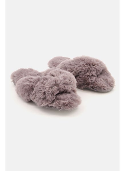 اشتري Women Faux-Fur Solid Crossband Homewear Slippers, Grey في السعودية