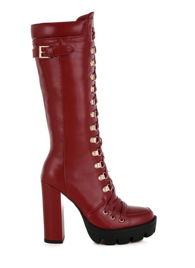 Buy Burgundy Cushion Collared Lace Up Boots in UAE