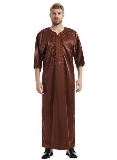 Buy Men's Solid Color Satin Embroidery Half Sleeve Abaya Robe Islamic Arabic Casual Kaftan Coffee in Saudi Arabia