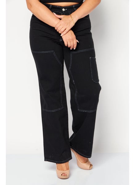 اشتري Women Straight Fit Solid Wide Leg Denim Jeans, Black في السعودية