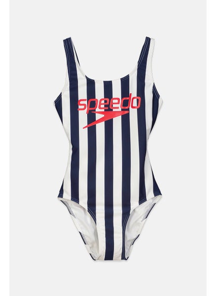 اشتري Women Non Padded Brand Logo Stripe Sleeveless One Piece, Navy and White في السعودية