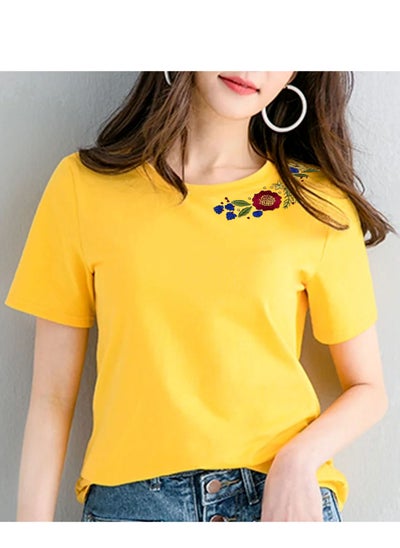 Buy Ladies Embroidered T Shirt 100% Combed Cotton Comfortable Soft Breathable Mustard T Shirt Top & Tees For Women in UAE