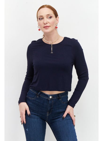 Buy Women Crew Neck Long Sleeve Solid Top, Navy in UAE