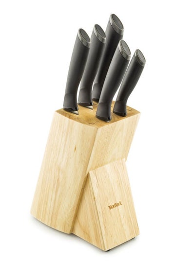 Buy Tefal Comfort Knife Set, Paring 9 cm + Utility 12 cm + Chef 20 cm + Slicing 20 cm, Bread 20 cm with Wooden Storge Block, Stainless Steel in Egypt